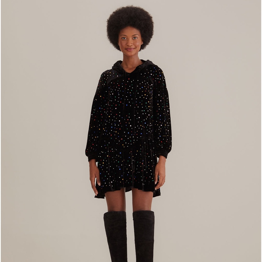 Farm Rio Black Velvet Long Sleeve Mini Dress Bedazzled